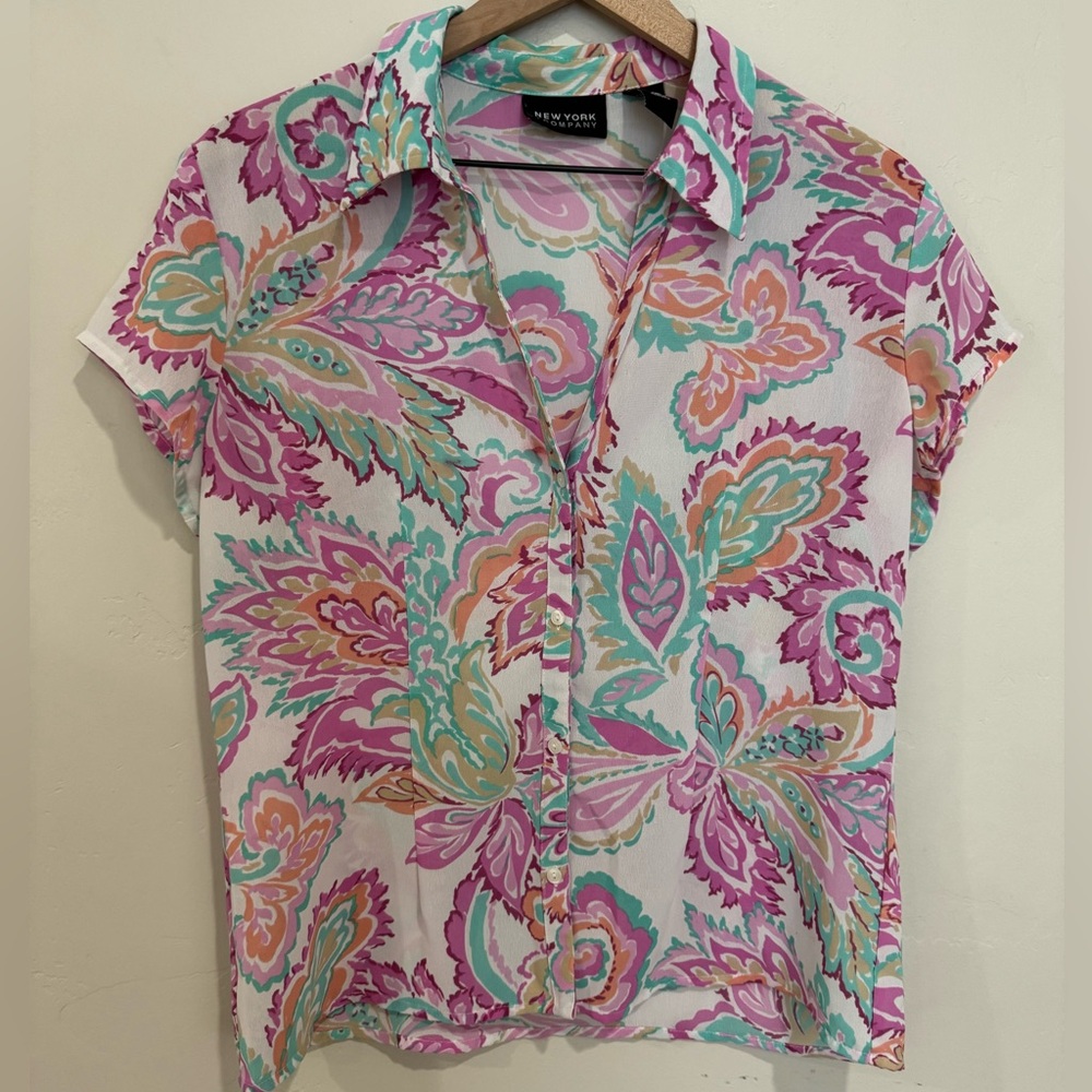 New York & Company Short Sleeve Button-Down Blouse in Pink, Teal, Peach.